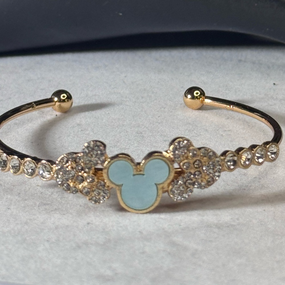 NWOT Gold Tone Sparkling Mickey Ears Cuff Bracelet Blue 2 inch